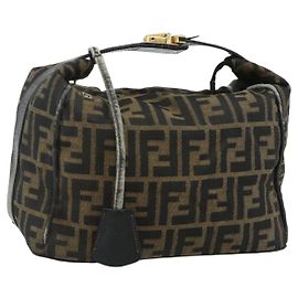 Borsa a mano in tela Zucca FENDI nera e marrone Auth 177235