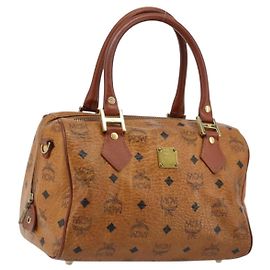 MCM Vicetos Logogram Borsa Boston in PVC Pelle Marrone Oro Auth bs34851A