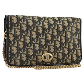 Christian Dior Trotter Canvas Chain Shoulder Bag Navy Gold Auth fm5340