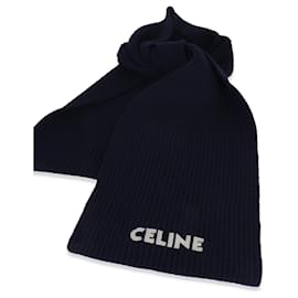 Sciarpa in lana a coste blu navy con logo applicato Celine - Céline