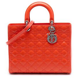 Dior Arancione Grande Borsa in Pelle Laccata Cannage Lady Dior