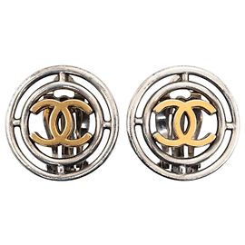 Chanel Silber CC Messing Runde Clip Ohrringe