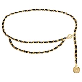 Chanel circa 1995 Kettengürtel T100 Goldene Kette Schwarzer Leder Gürtel 4XL 40 in