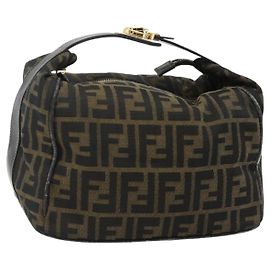 Borsa a mano in tela Zucca FENDI nera e marrone Auth bs34936