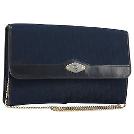 Borsa a spalla in tela Trotter Christian Dior con catena blu navy oro Auth 177035
