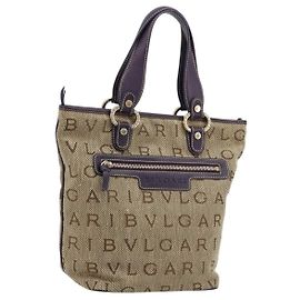 Bulgari Borsa Tote BVLGARI Logo Mania Canvas Beige Oro Viola Auth 177564A