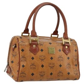 MCM Vicetos Logogram Borsa a Mano in Pelle PVC Marrone Oro Auth BA12357A