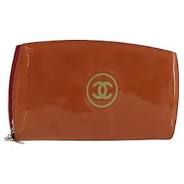 CHANEL Cartera Larga de Cuero Patente Naranja Plata CC Auth bs34871 - Chanel