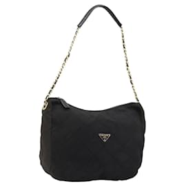 Borsa a spalla con catena Prada in nylon nero e oro Auth bs34879A