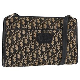 Borsa a Spalla in Tela Trotter Christian Dior Blu Navy Oro Auth 178534