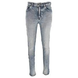 Saint Laurent Logo-Embroidered Slim Fit Jeans in Blue Cotton Denim