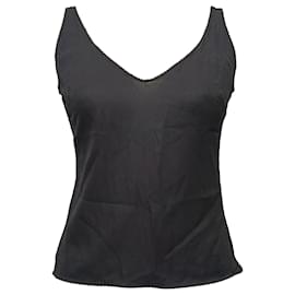 Top sin mangas Chanel con cuello en V y ribete de encaje en viscosa negra
