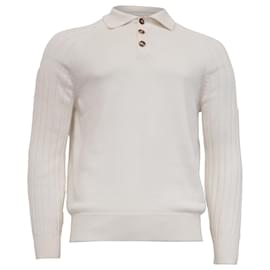 Brunello Cucinelli Strick-Polo-Pullover mit langen Ärmeln aus weißer Baumwolle