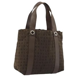Bulgari Borsa BVLGARI Logo Mania Tela Marrone Argento Auth BA12368