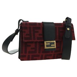 FENDI Zucca Canvas Baguette Slim Schultertasche Rot Gold Authentisch 177965A