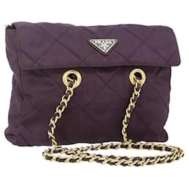 Borsa Tote con Catena PRADA Nylon Viola Oro Auth 178202 - Prada