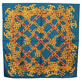 Sciarpa in seta CHANEL Motivo Accessorio Catena Blu CC Autentico am11561A - Chanel