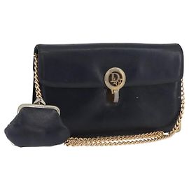 Borsa a Spalla con Catena Christian Dior in Pelle Blu Navy e Oro Auth bs35041