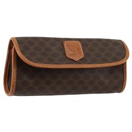 Céline Pochette CELINE Macadam Canvas PVC Cuero Marrón Oro Auth 177871A