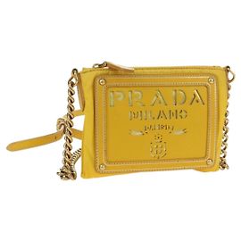 Borsa a Spalla con Catena PRADA Nylon Pelle Oro Giallo Auth 143507