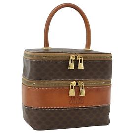 Céline Bolso de Tocador CELINE Macadam Canvas PVC Cuero Marrón Oro Auth 178930A
