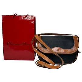 Borsa a tracolla vintage Christian Dior in tela nera e pelle cognac