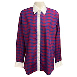Camisa de algodón con estampado gráfico azul / rojo Dries Van Noten