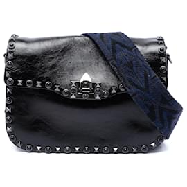 Correa de Guitarra Valentino Black Medium Craquele Calfskin Rockstud Rolling Flap Crossbody