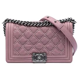 Chanel Boy Flap in pelle di vitello trapuntata stropicciata con borchie, rosa, taglia Medium Old