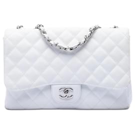 Chanel White Jumbo Classic Caviar Single Flap
