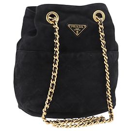 Bolsa de Ombro com Corrente PRADA Camurça Preta e Ouro Auth bs34965
