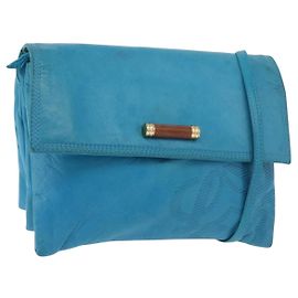 LOEWE Anagram Schultertasche Leder Türkisblau Gold Auth 177303