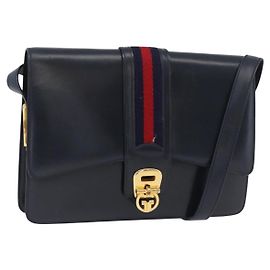 Borsa a tracolla GUCCI Sherry Line Pelle Blu Navy Oro Auth 178242