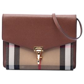 Burberry Derby Macken Crossbody Bag aus braunem Leder und House Check Canvas Small