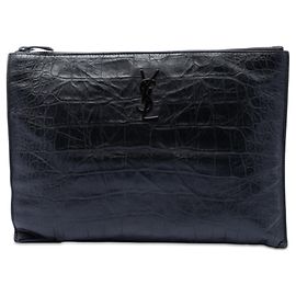 Portadocumentos con monograma en cuero negro con relieve de cocodrilo Saint Laurent