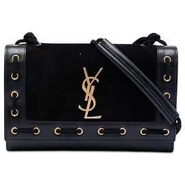 Saint Laurent Borsa a tracolla Kate in scamosciato nero con cuciture a corda, misura Medium
