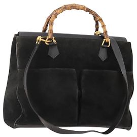 Borsa Tote GUCCI Bamboo in scamosciato 2way Nero Oro 002 123 0322 Auth 175645