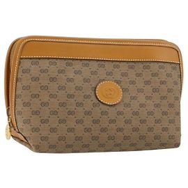 GUCCI Micro GG Supreme Pouch PVC outlet Beige Oro Auth 177897