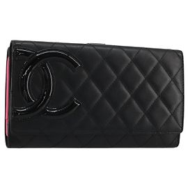 CHANEL Cambon Line Long Wallet Lamb Skin Black White CC Auth am11522V