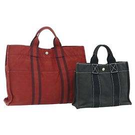 Hermès HERMES Fourre Tout Hand Bag Cotton 2 Set Red Green Auth BA12496