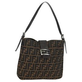 FENDI Zucca Canvas Mamma Baguette Borsa a Spalla Marrone Nero Auth 177772SAV