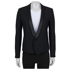 Saint Laurent Jacke aus schwarzer Wolle mit Satinrevers Größe 40 gebraucht