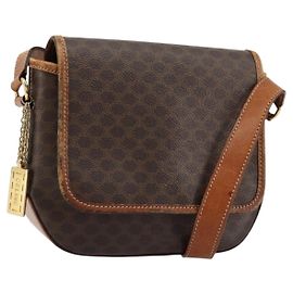 Céline Borsa a Spalla CELINE Macadam Canvas PVC Pelle Marrone Oro Auth BA12386