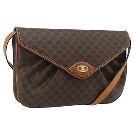 Céline Bolso de Hombro CELINE Macadam Canvas PVC Cuero Marrón Oro Auth 178221A