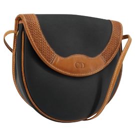 Borsa a tracolla Christian Dior in tela rivestita nero e oro Auth BA12423