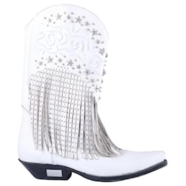 Philipp Plein White Leather Fringe Cowboy Boots