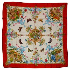 Gucci Sciarpa di seta vintage rara Accornero Fiori Farfalle Frutta Rossa