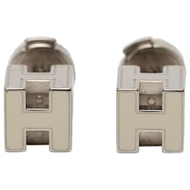 Hermès Silver Palladium Plated and Enamel Cage D H Push Back Earrings