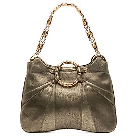 Borsa a tracolla con catena e anello in bambù in pelle di vitello metallizzata oro Gucci