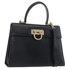 Borsa Salvatore Ferragamo Gancini in Pelle 2 modi Blu navy Oro Autentica 179637
